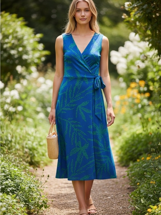 DKNYC Dresses & Skirts - DKNYC Blue & Green Wrap Midi Dress with Leaf Print